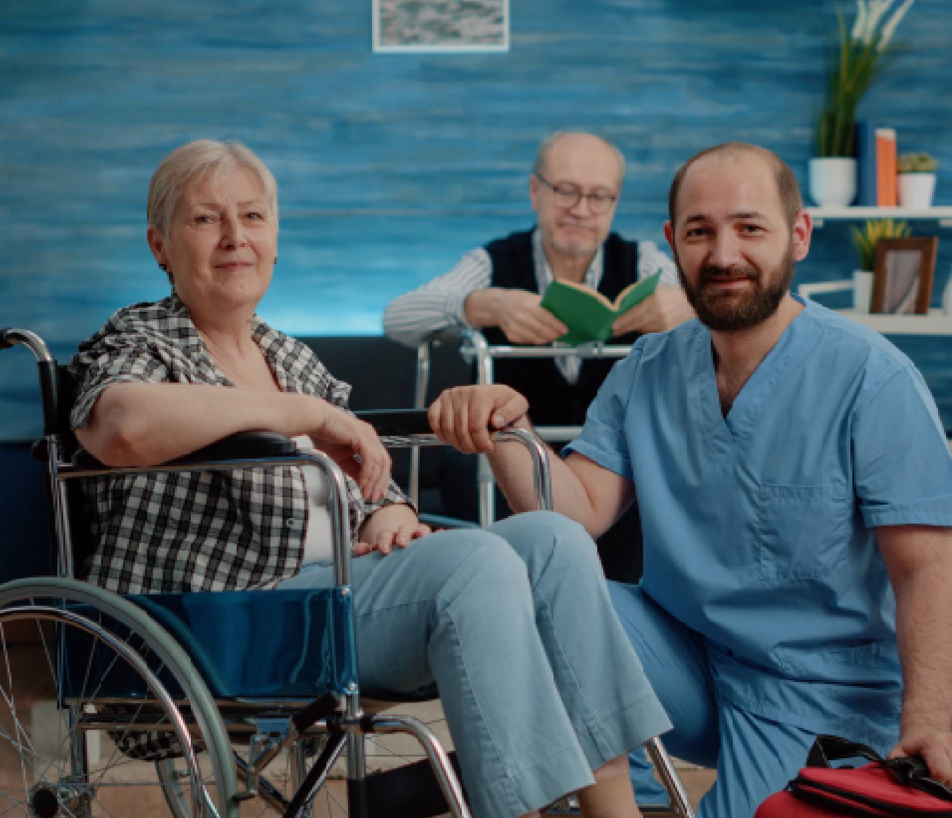 male nurse with woman in wheelchair