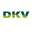 Un logotipo verde y azul de dkv sobre un fondo blanco.