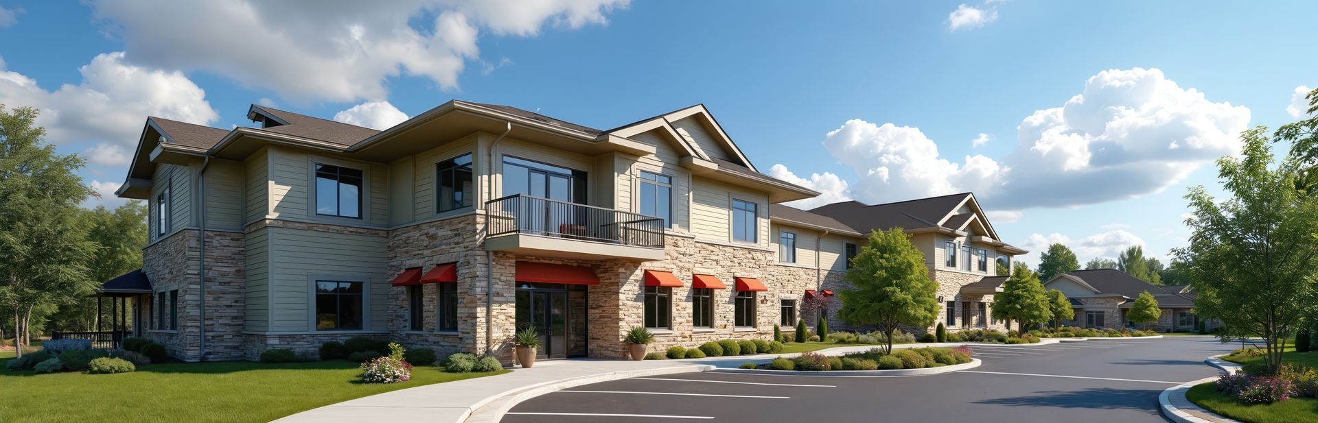 A modern assisted living complex that represents comfortable senior residential communities.