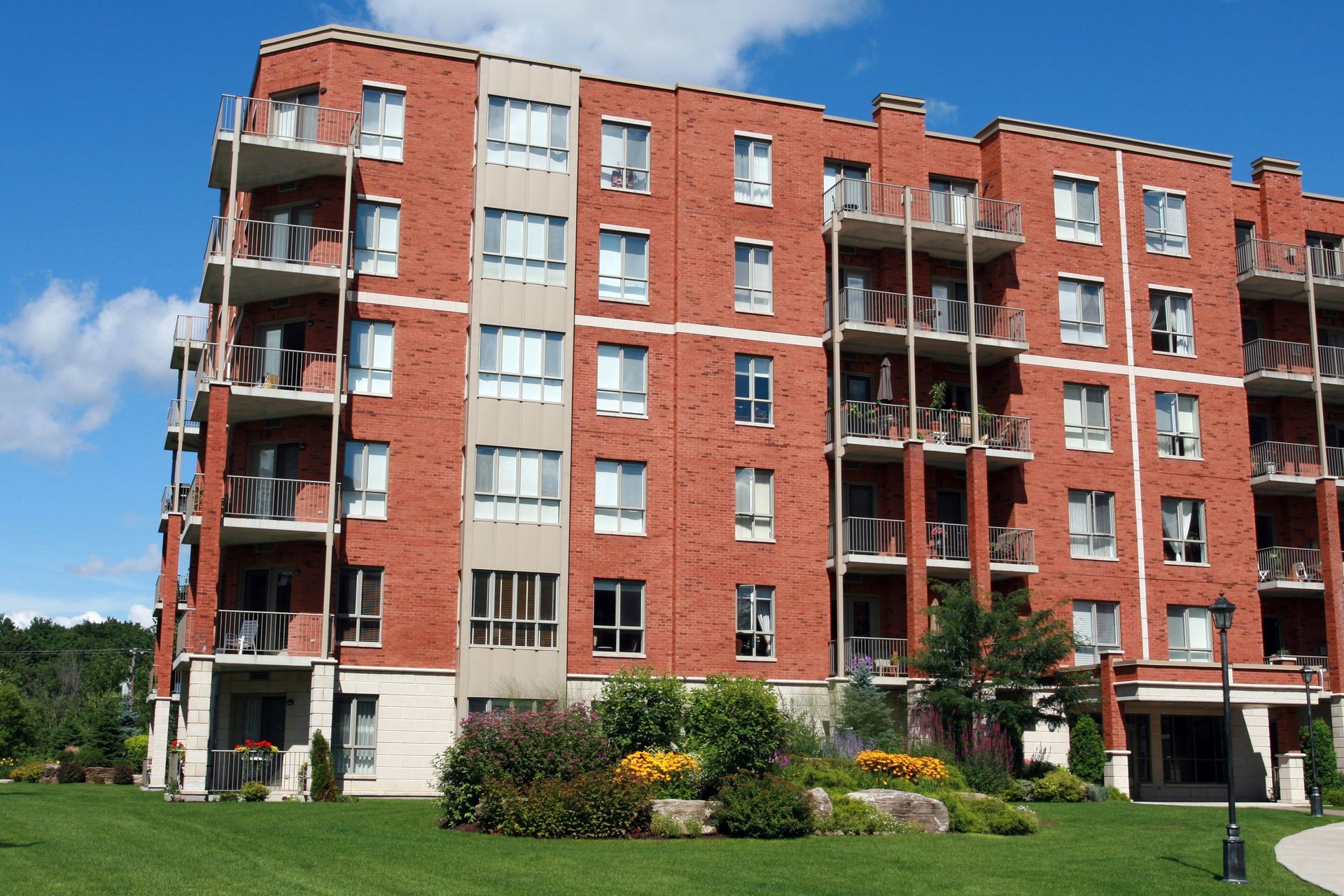 View of a senior living building complex. View of a senior living building complex.