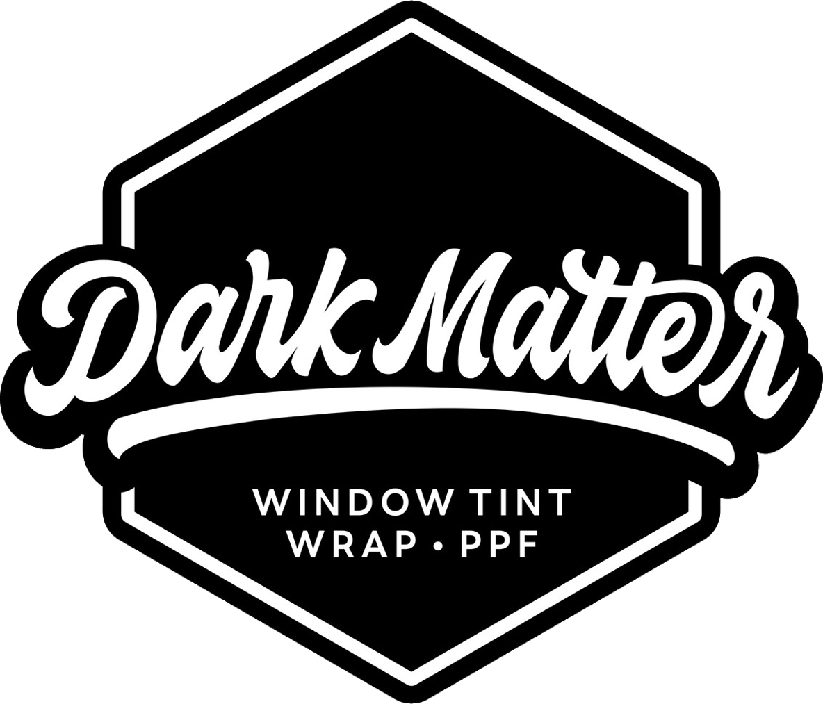 Dark Matter logo: white text on black hexagon shape, window tint, wrap, PPF.