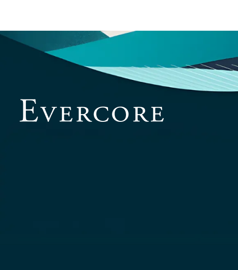 Evercore logo with abstract teal landscape on dark teal background.