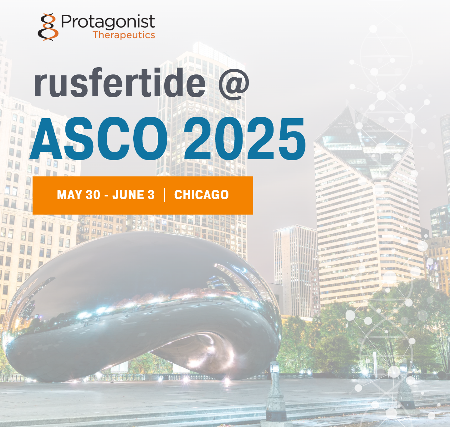 An advertisement for rusfertide @ asco 2025 in chicago