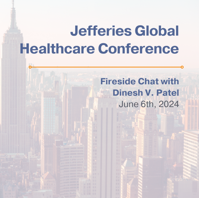 A poster for the jefferies global healthcare conference with a city skyline in the background.