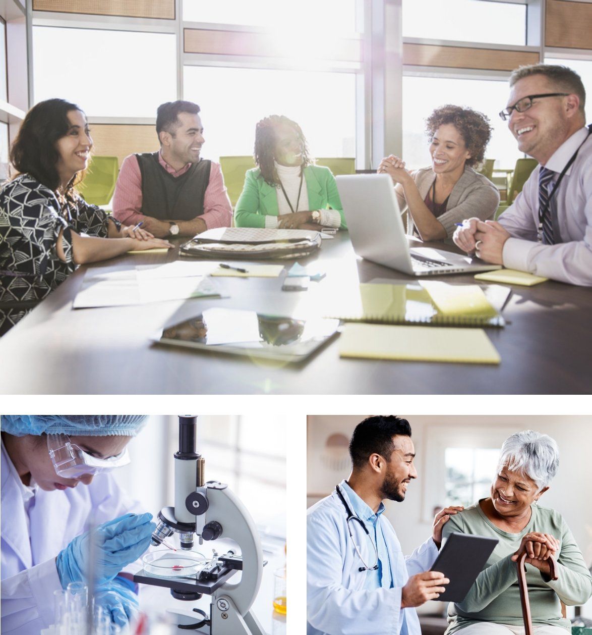 A collage of 3 images. First images shows a group of people having a meeting. Second image shows a scientists working with a microscope. Third image shows a doctor and patient smiling to each other.