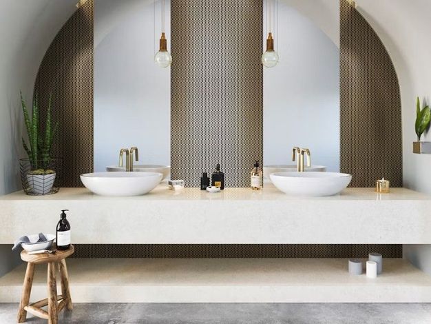 A bathroom with two sinks and two mirrors.