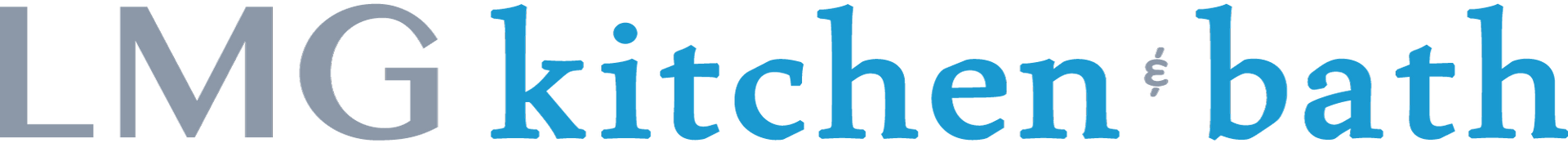 Lmg kitchen bath is written in blue on a white background