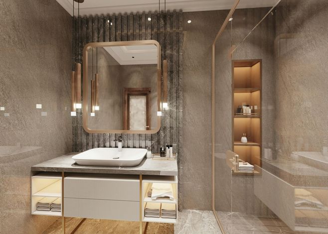 A bathroom with a sink , mirror and walk in shower.