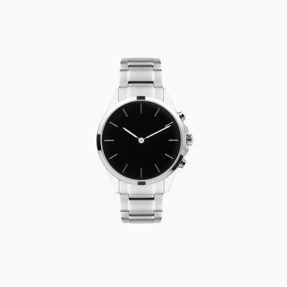 A silver watch with a black face on a white background.