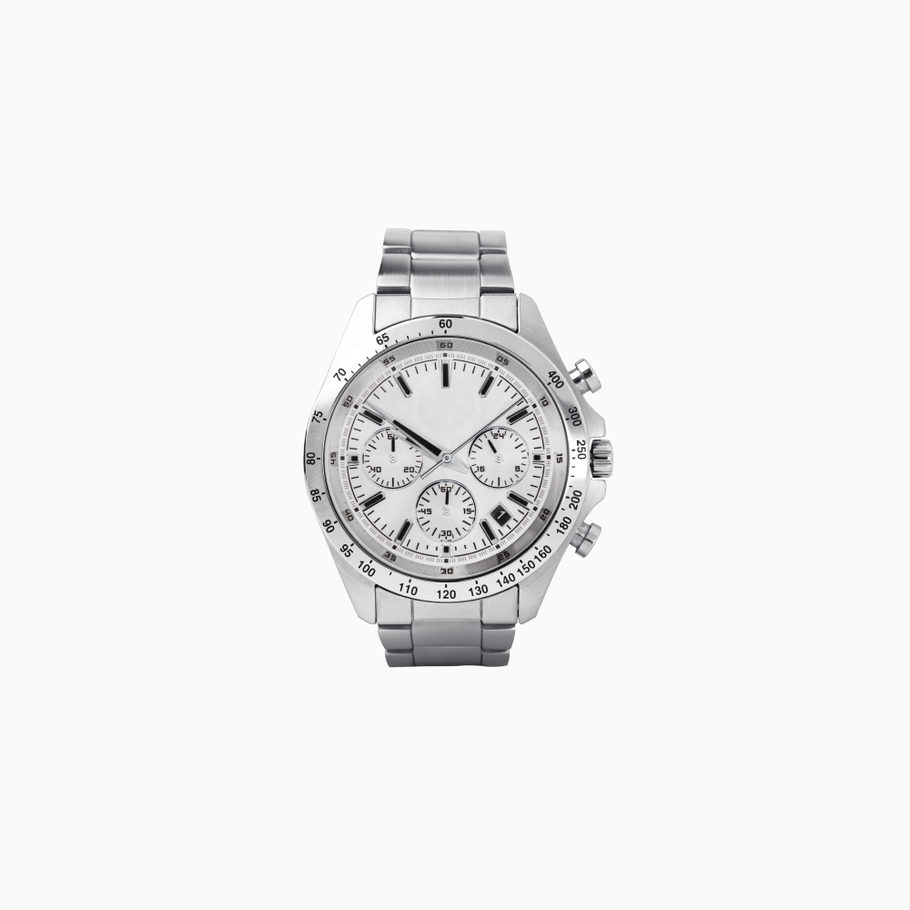A silver watch with a stainless steel band on a white background.