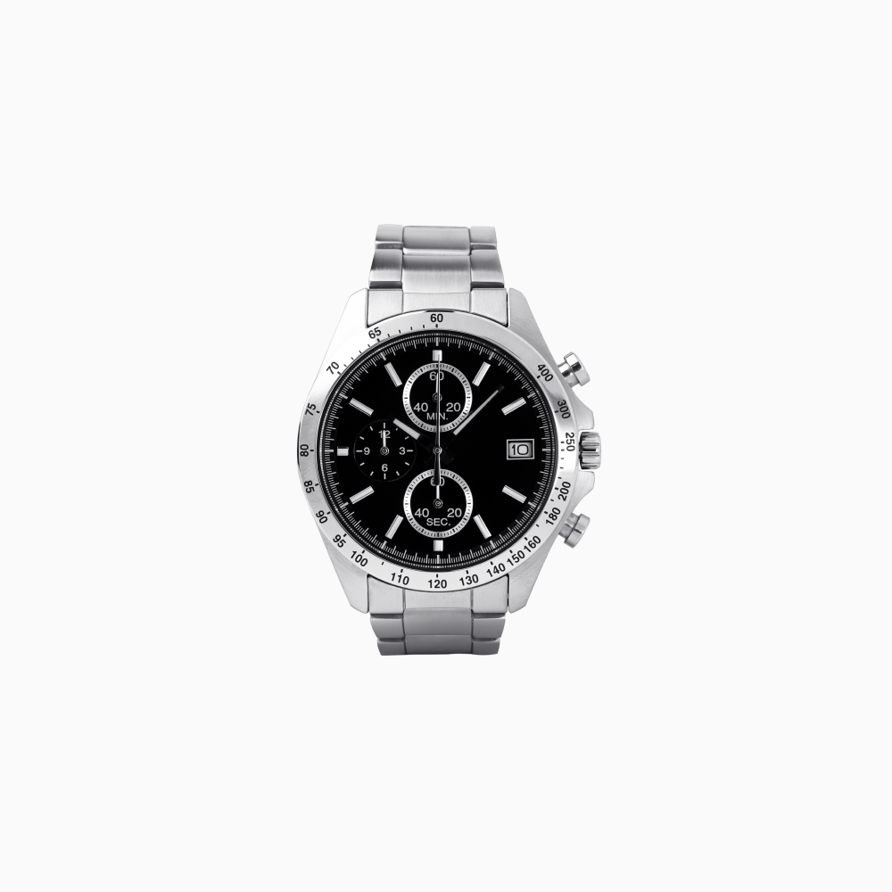 A silver watch with a black face on a white background.