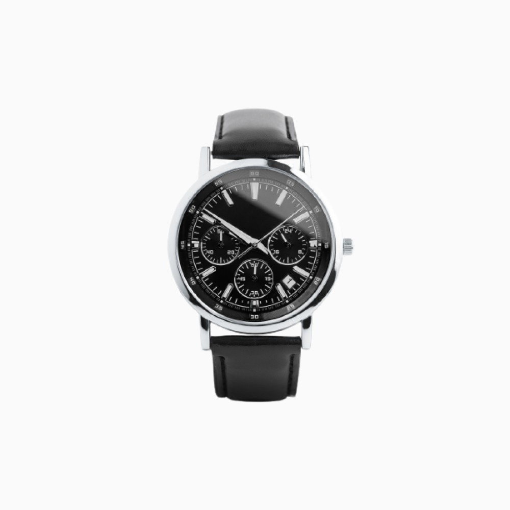 A black watch with a black leather strap on a white background.