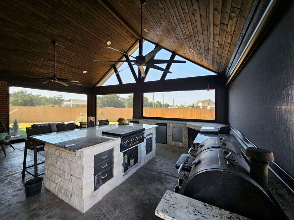 There is a large island in the middle of the room.