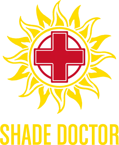A logo for shade doctor with a sun and a red cross