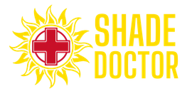 A logo for shade doctor with a sun and a red cross