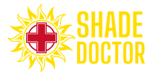 A logo for shade doctor with a sun and a red cross