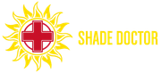 A logo for shade doctor with a sun and a red cross