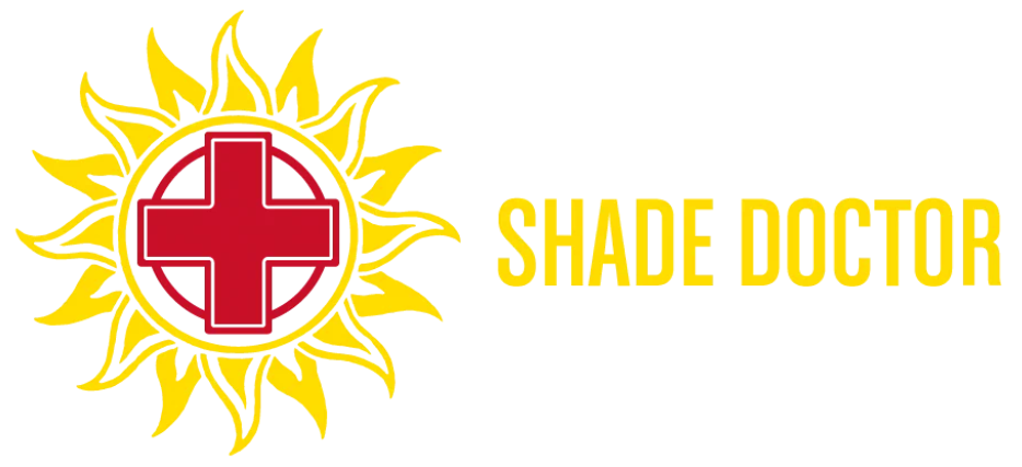 A logo for shade doctor with a sun and a red cross