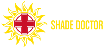 A logo for shade doctor with a sun and a red cross