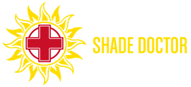 A logo for shade doctor with a sun and a red cross