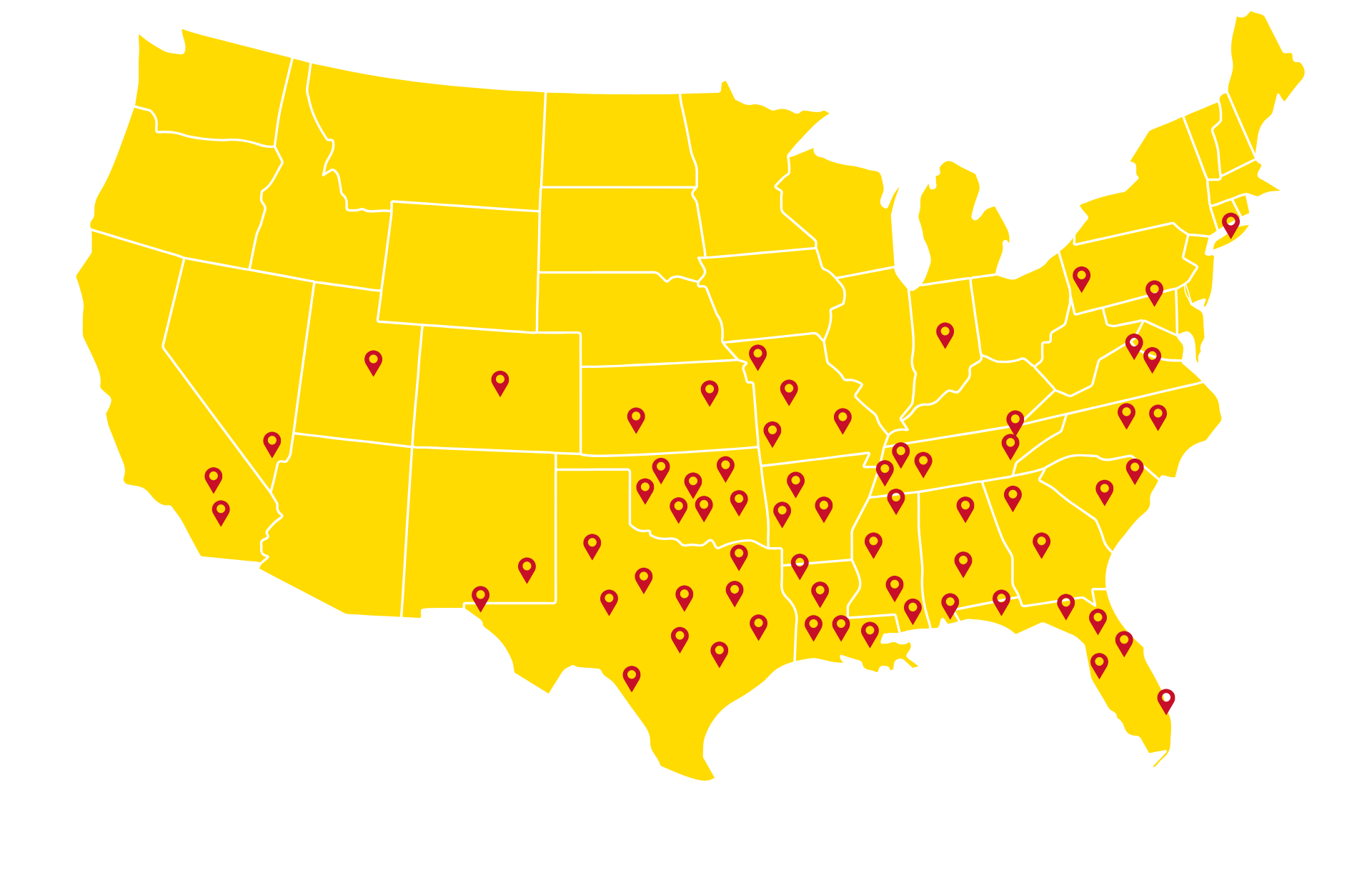 A yellow map of texas with red pins on it.