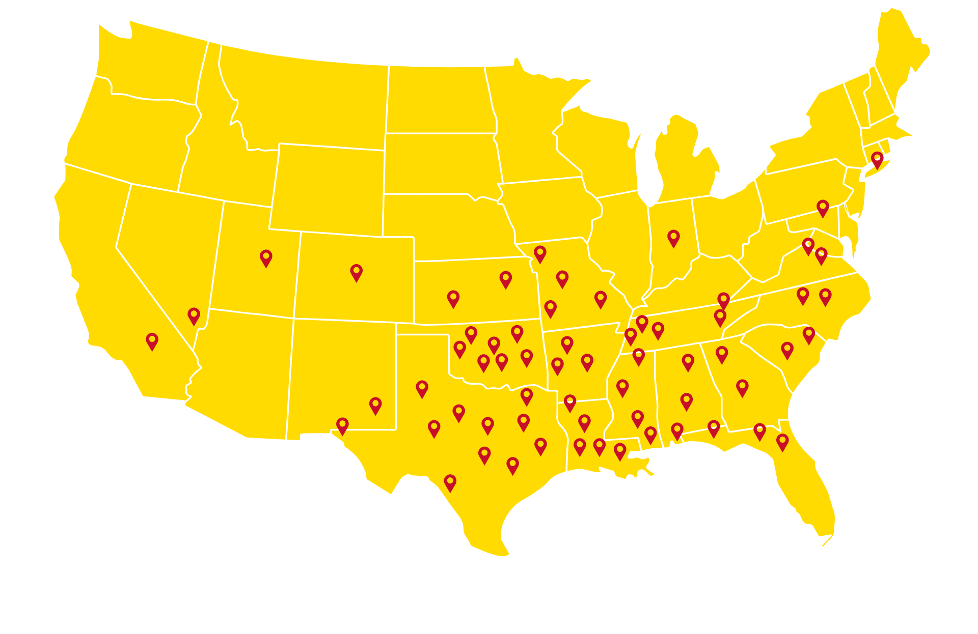 A yellow map of texas with red pins on it.