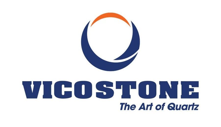 Un logo bleu et orange pour vicostone l'art du quartz