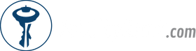 Blue keyhole logo in a circle with “.com” text on a white background