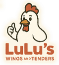 LuLu's logo: cartoon chicken giving a thumbs up; red comb and wattle; brown text