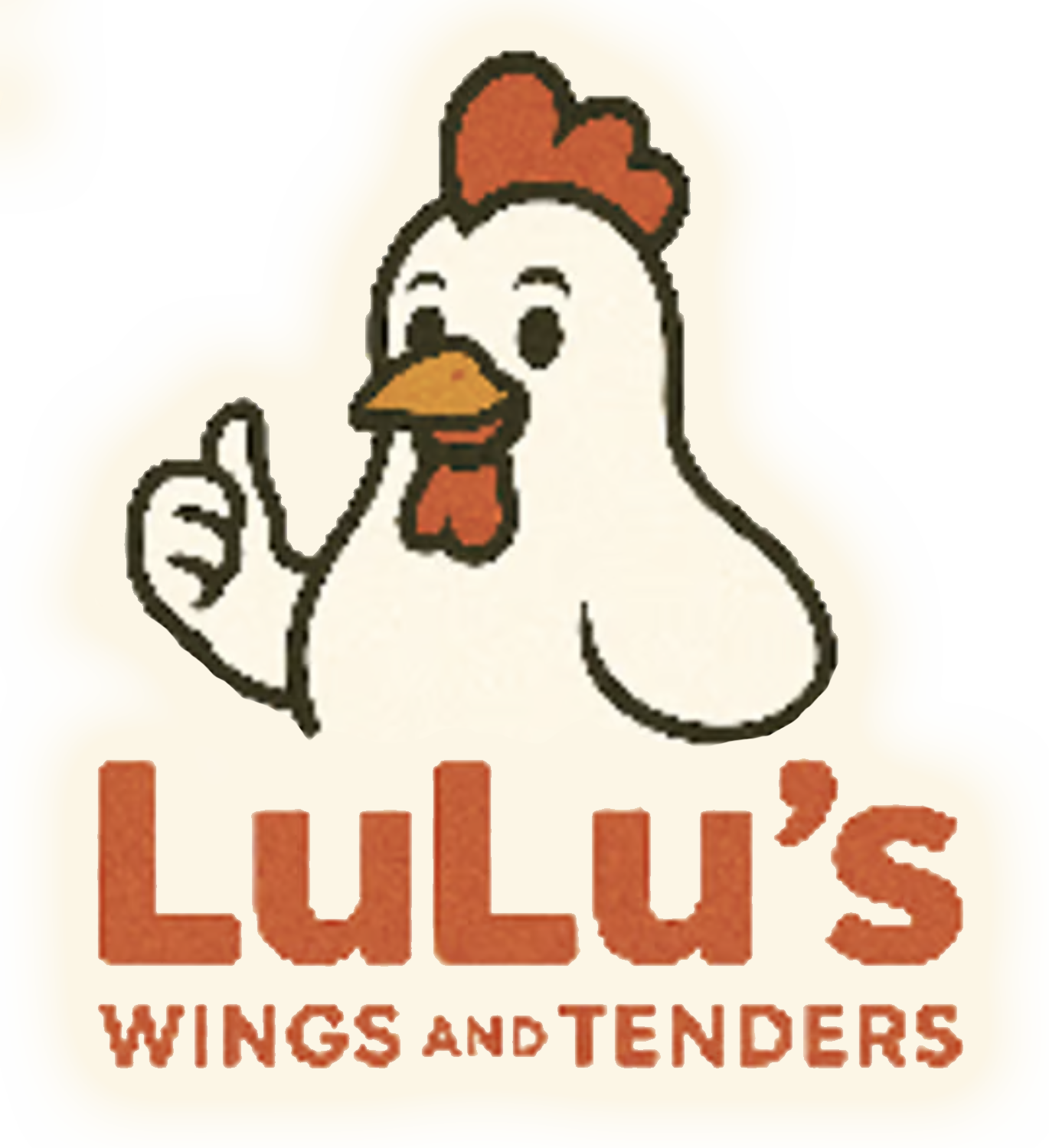 LuLu's logo: cartoon chicken giving a thumbs up; red comb and wattle; brown text