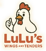 LuLu's Wings and Tenders logo: cartoon chicken giving thumbs up.
