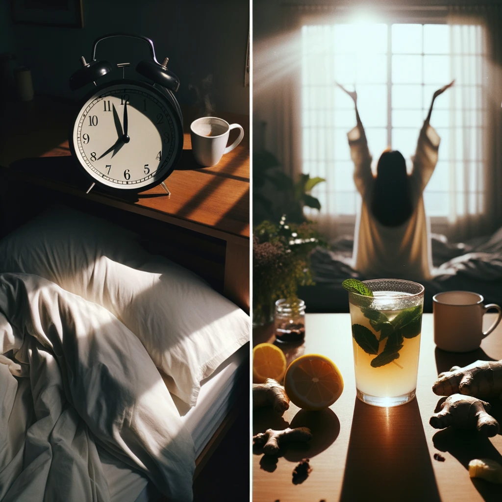 First image shows a dimly lit room with an alarm clock displaying an early hour, sheets in disarray,