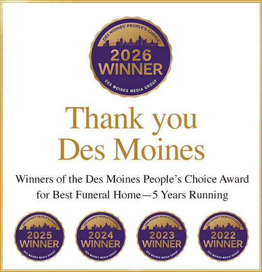 Thank you Des Moines award graphic with 2026 winner seal and 2022–2025 winner badges on white background