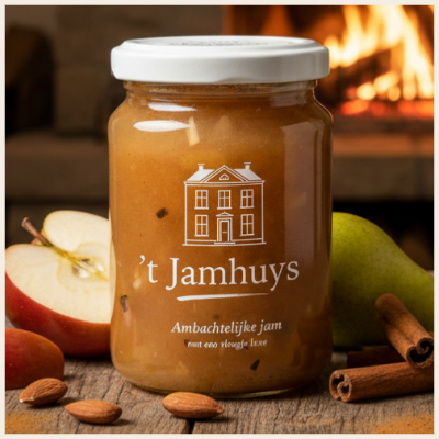 Een pot 't Jamhuys jam met appel, peer, kaneel en amandelen op een houten plank voor de open haard.