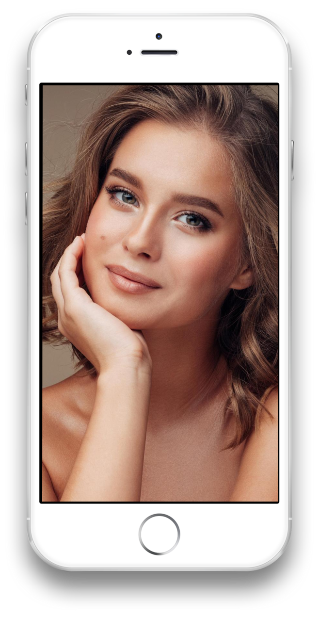 A white cell phone with a picture of a woman on the screen.