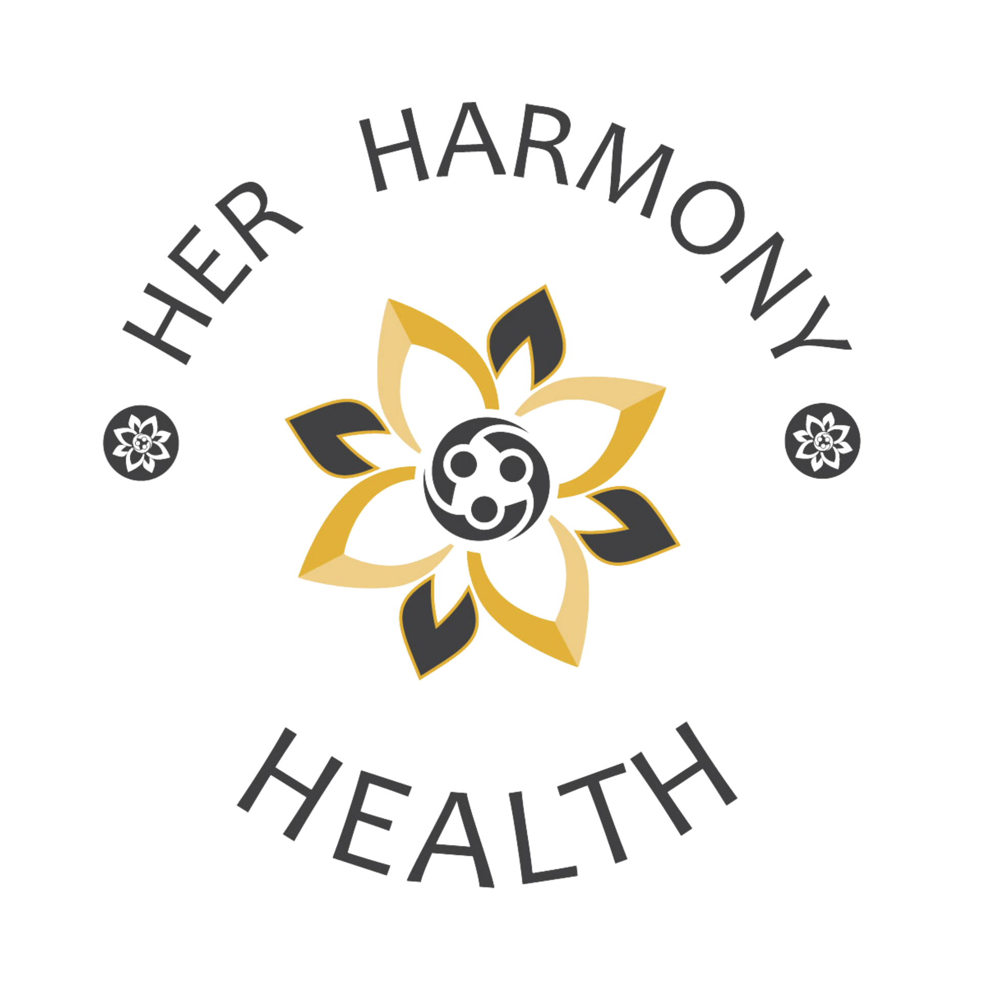 A black and white logo for a company called her harmony health.