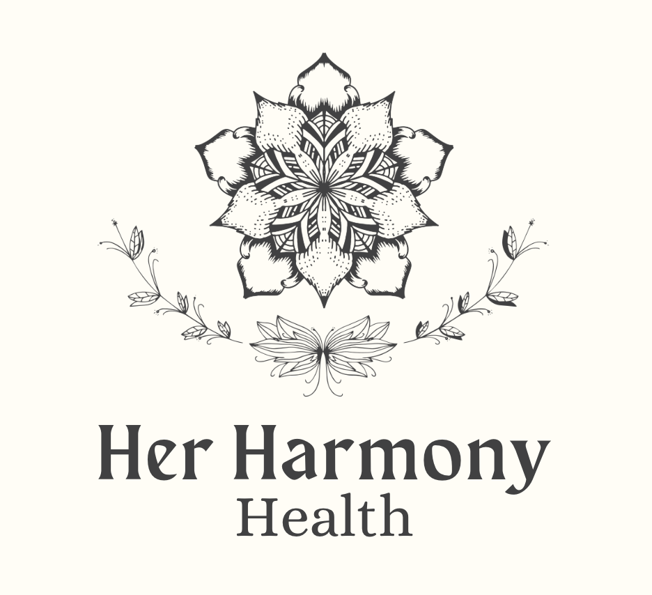 A black and white logo for a company called her harmony health.