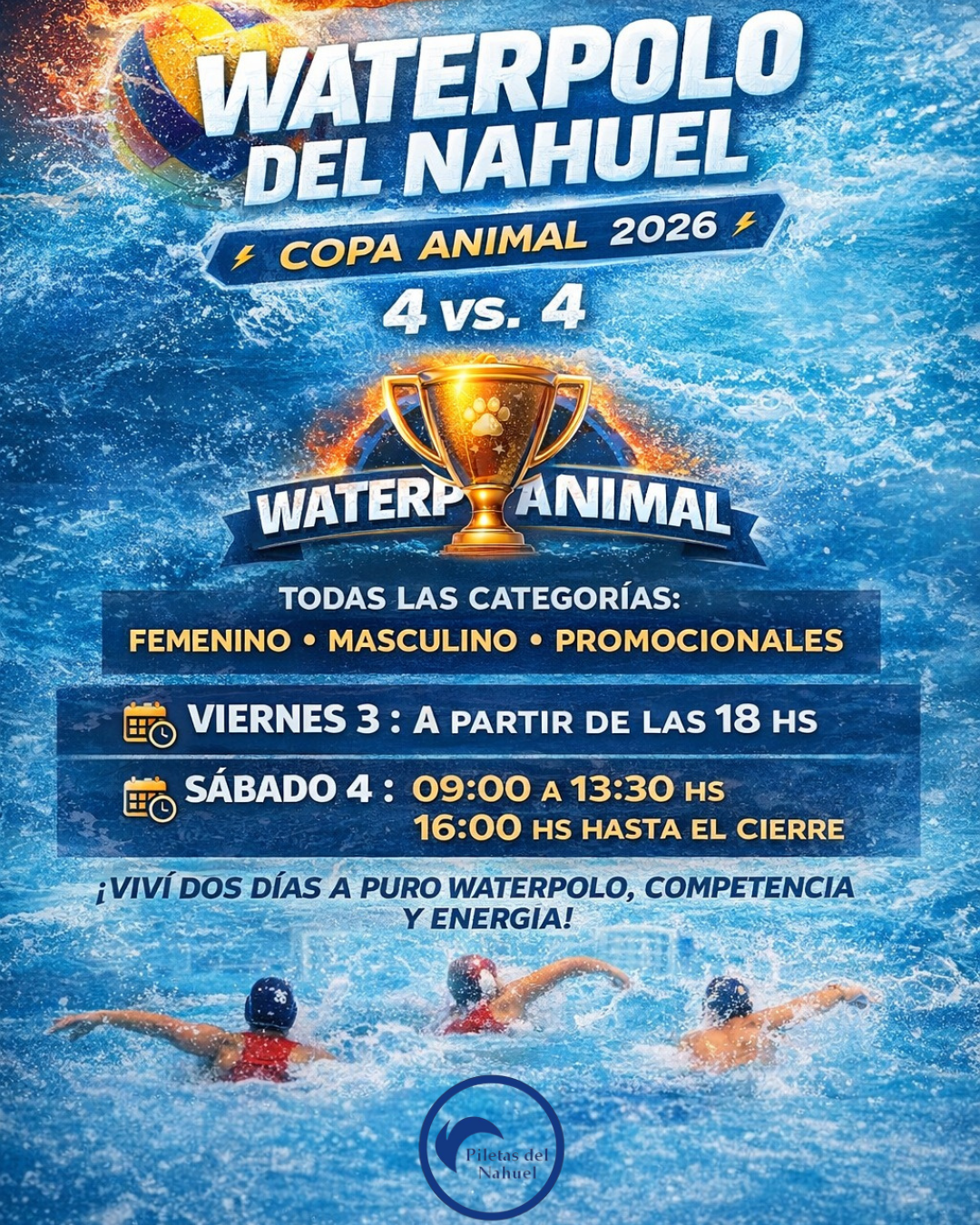Un folleto del torneo "Waterpolo del Nahuel", con detalles del evento para la Copa Animal 2026, ambientado en una piscina de agua azul.