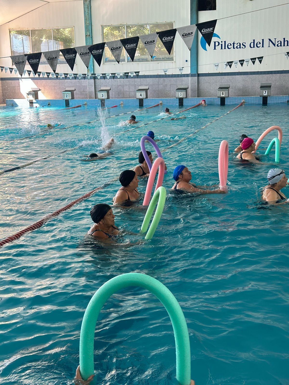 Un grupo de personas está nadando en una piscina con fideos de espuma.