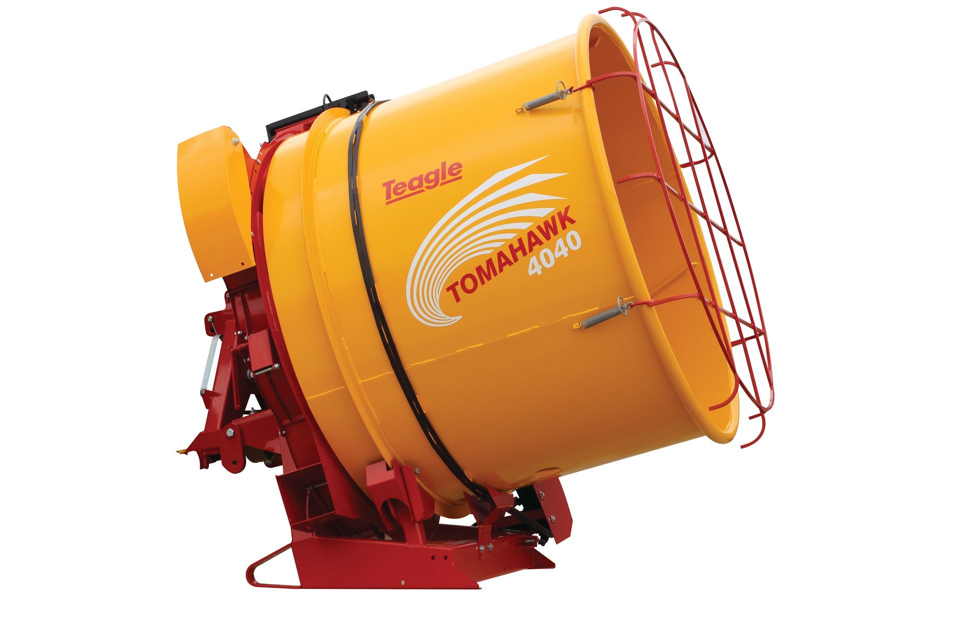 A red and yellow feeder bedder with tomahawk on the side of it