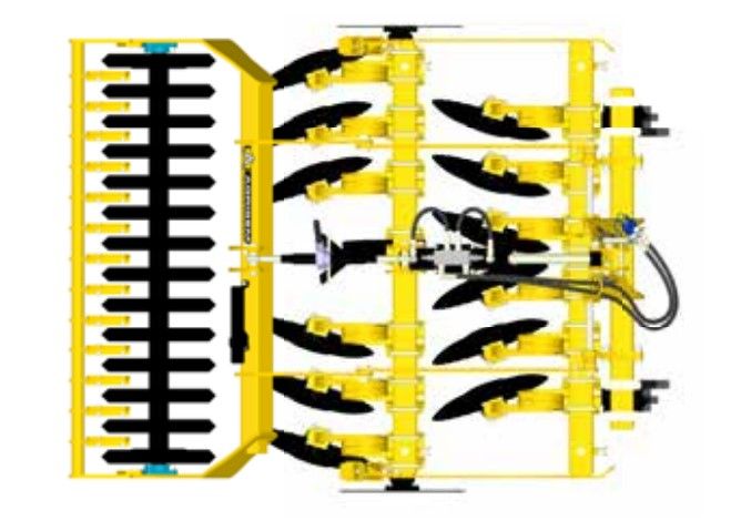 An aerial view of a yellow and black disc tiller on a white background.