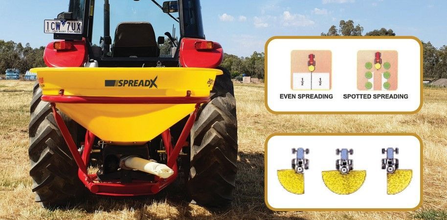 A yellow and red tractor with the word spreadx on it