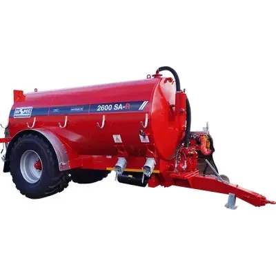 A red tanker with a trailer attached to it on a white background.