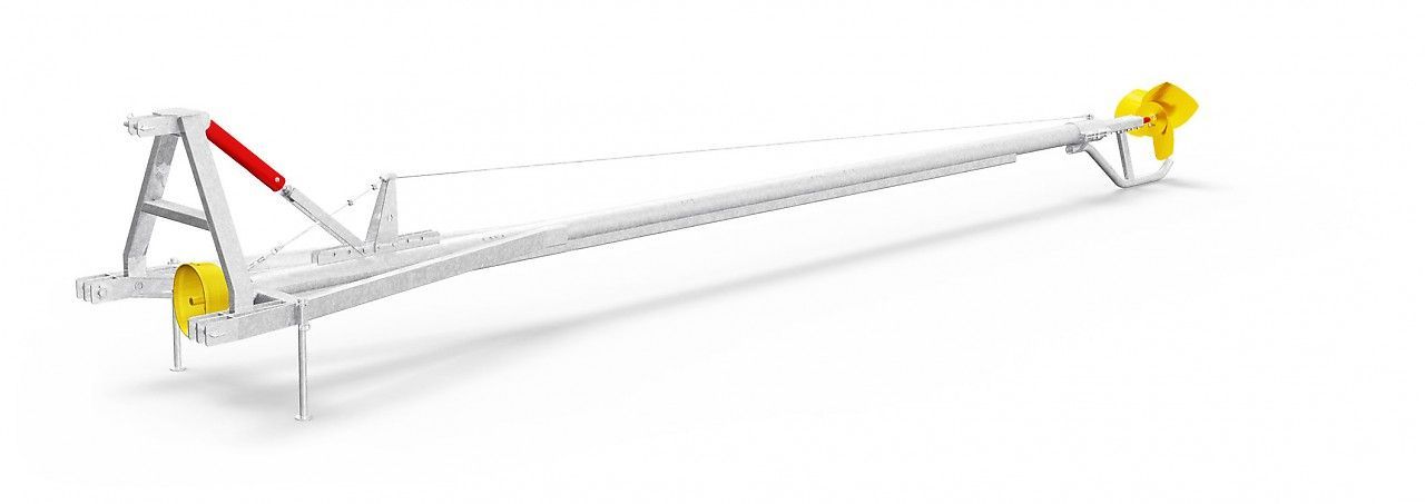 A white and yellow ladder with a red handle on a white background.