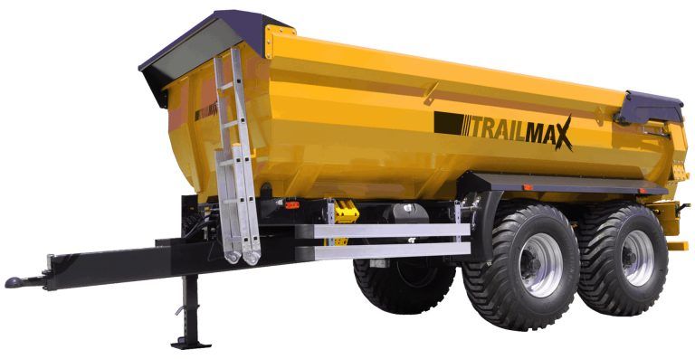 A yellow dump truck with a trailer attached to it.