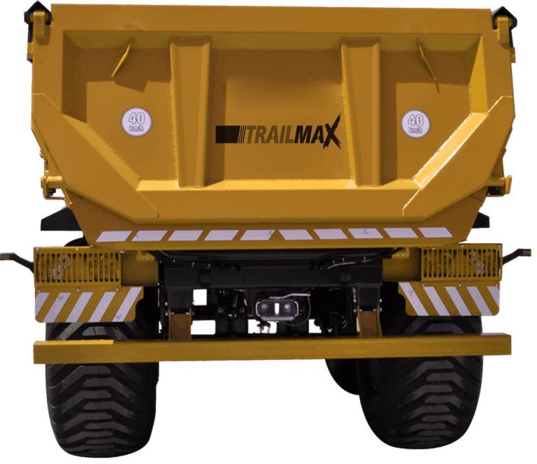 The back of a yellow trailmax dump truck