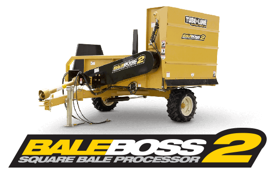 A yellow bale boss 2 square bale processor is shown on a white background.