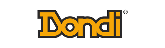 A yellow and black dondi logo on a white background