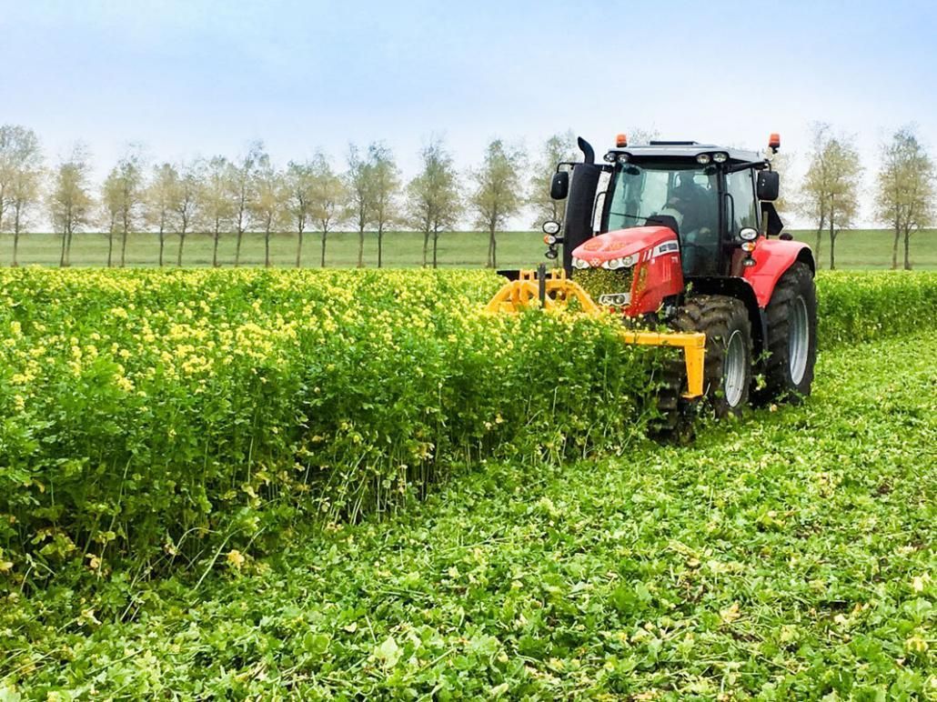A red tractor is cutting grass in a field.