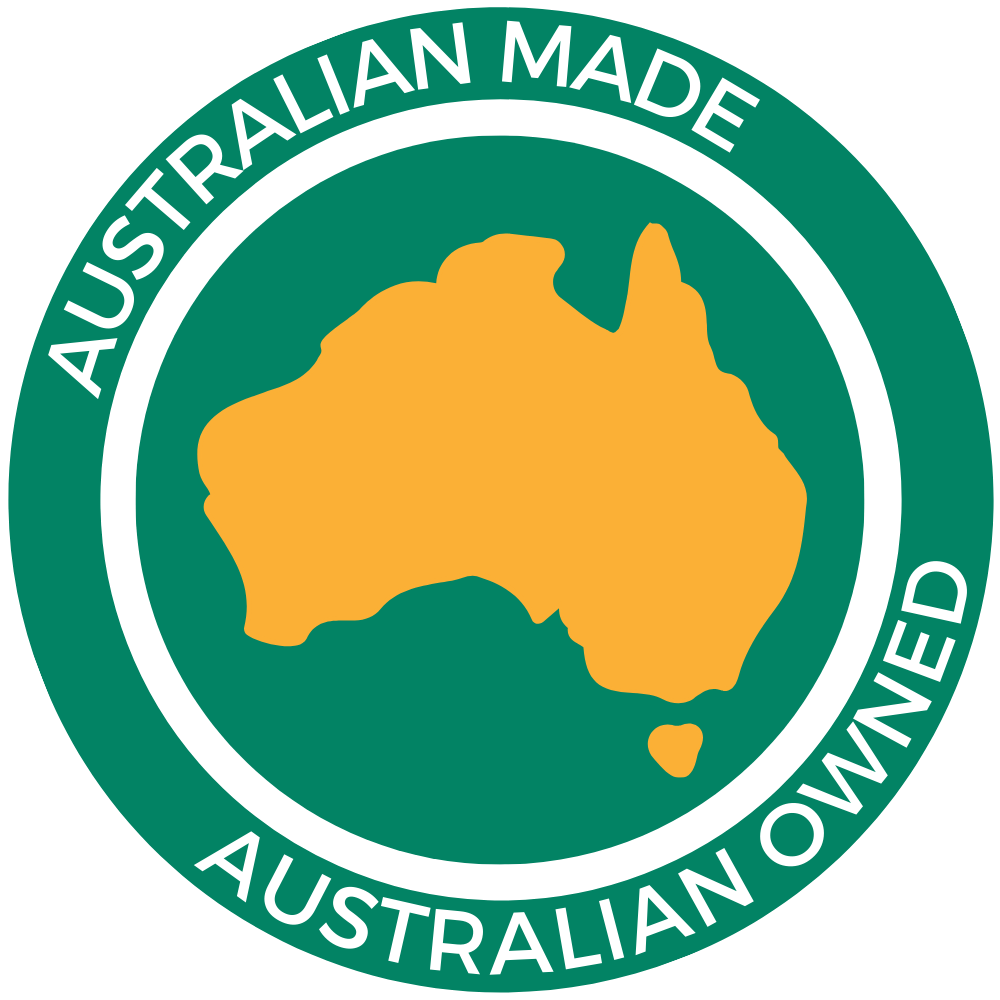 Australian made australian owned logo with a map of australia